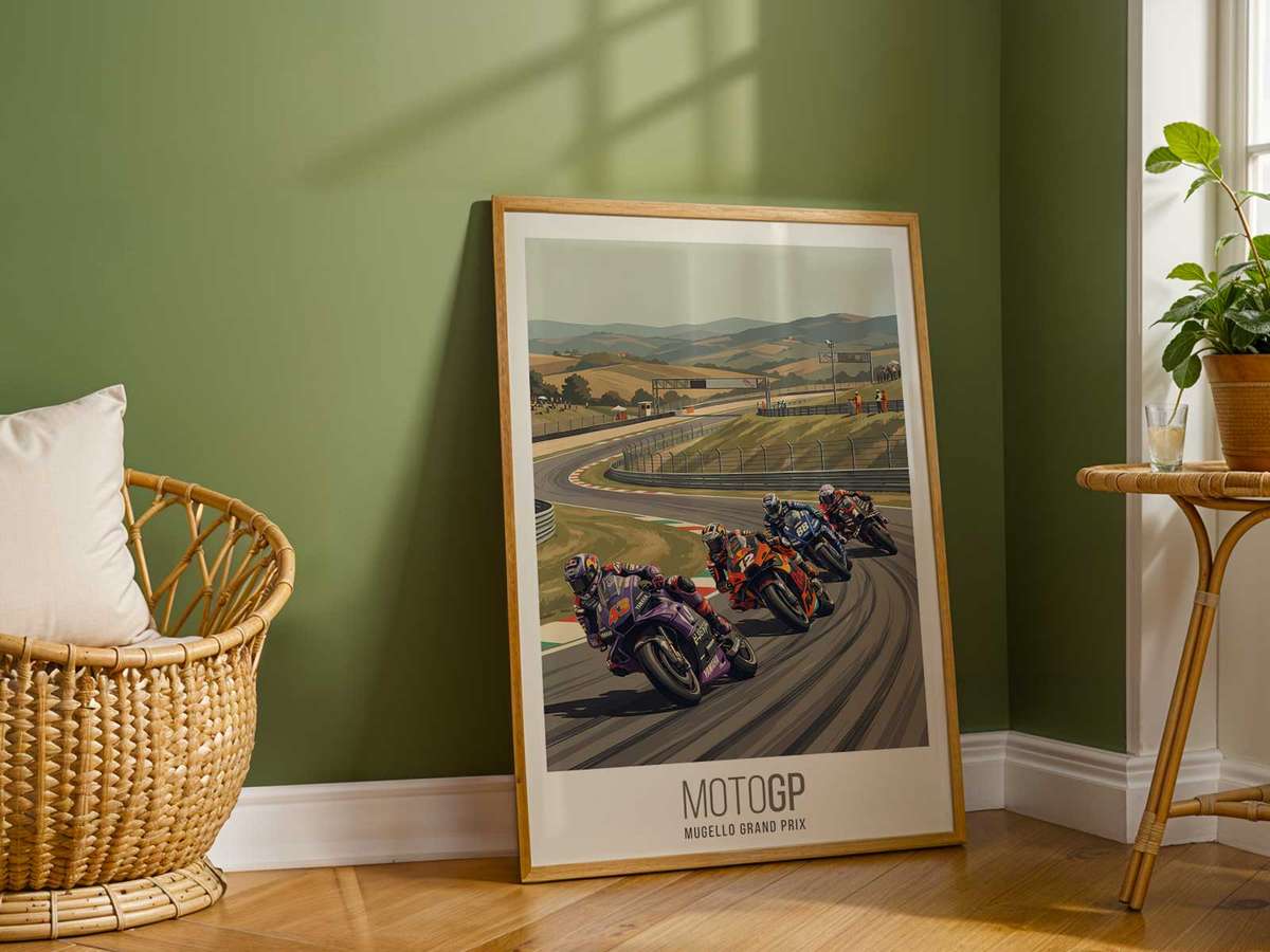 Refined wall art centered on Mugello MotoGP with a fast-paced atmosphere