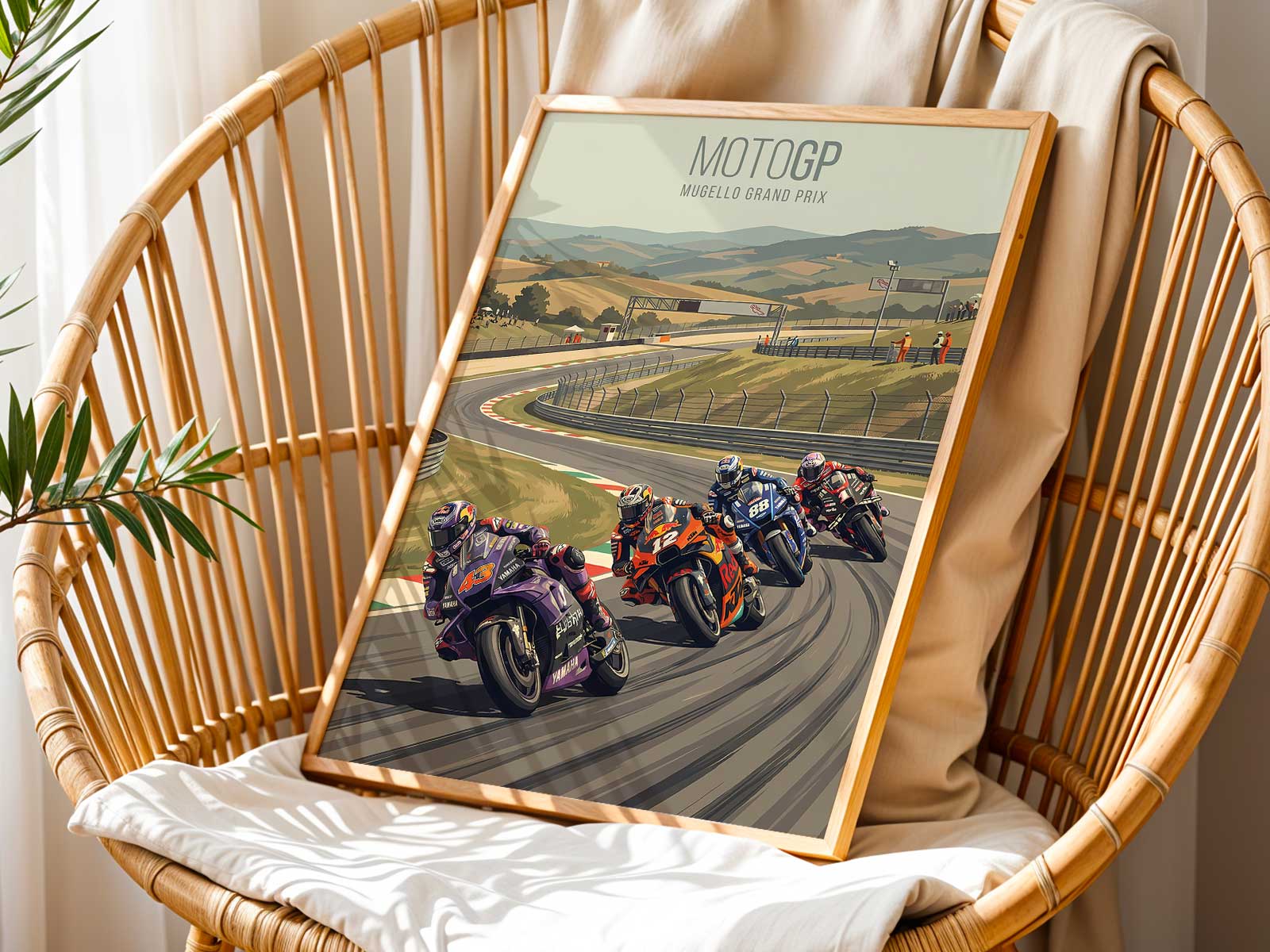 Poster showing a tight podium chase at Mugello with two riders battling closely, emphasizing competition and narrative…