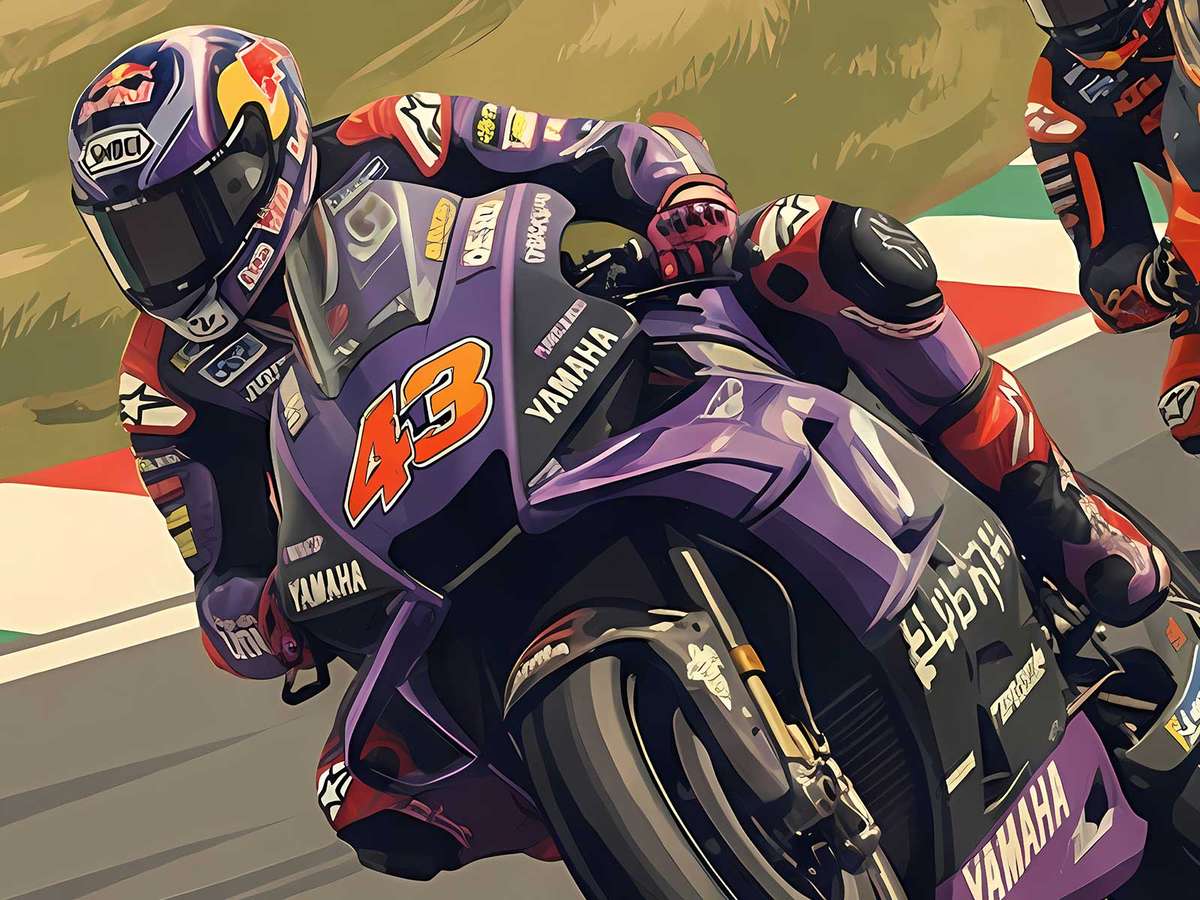 Poster showing a tight podium chase at Mugello with two riders battling closely, emphasizing competition and narrative…