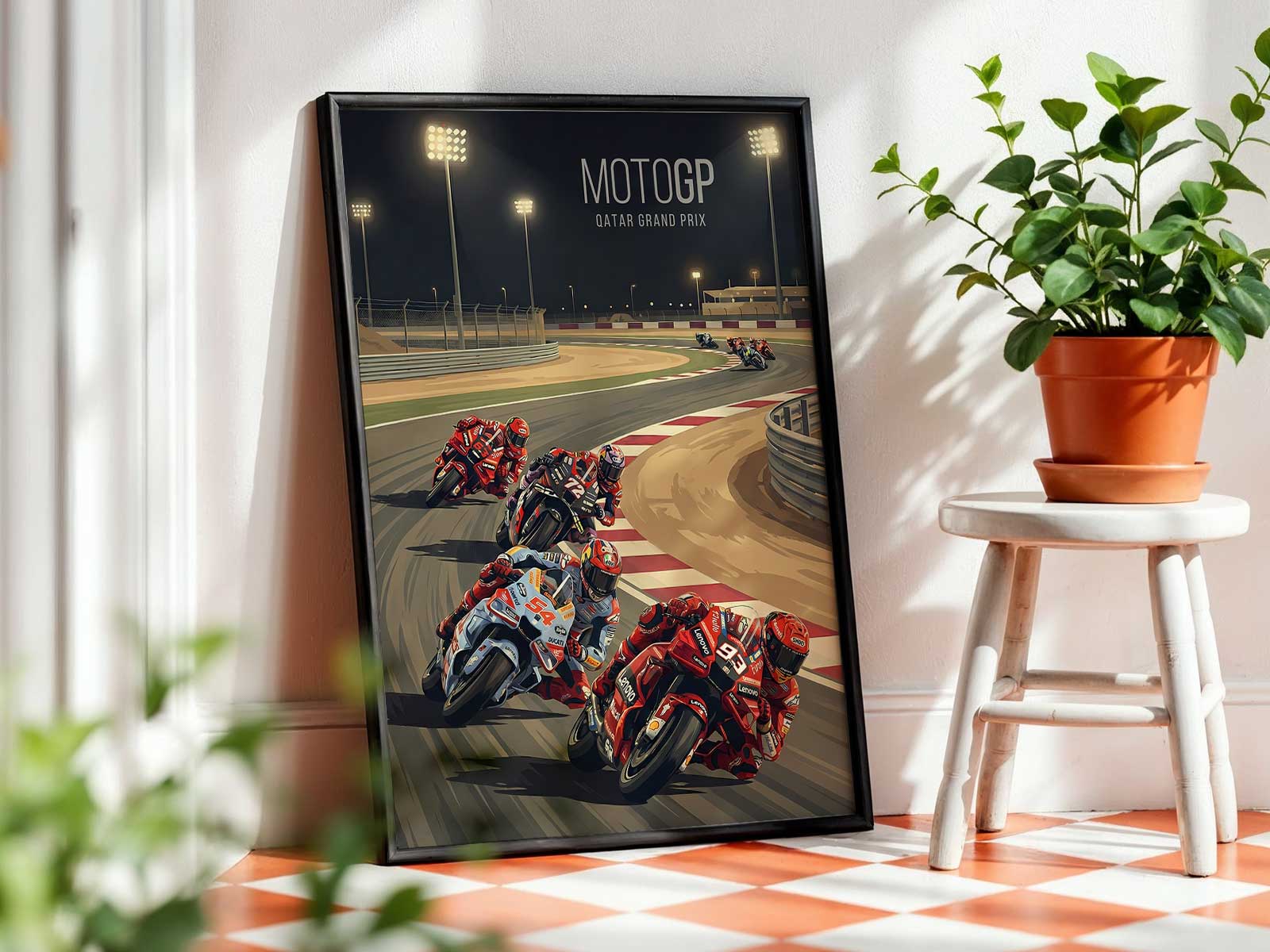 MotoGP Qatar poster mounted above a modern sofa, bringing desert night energy and racing atmosphere into a living room