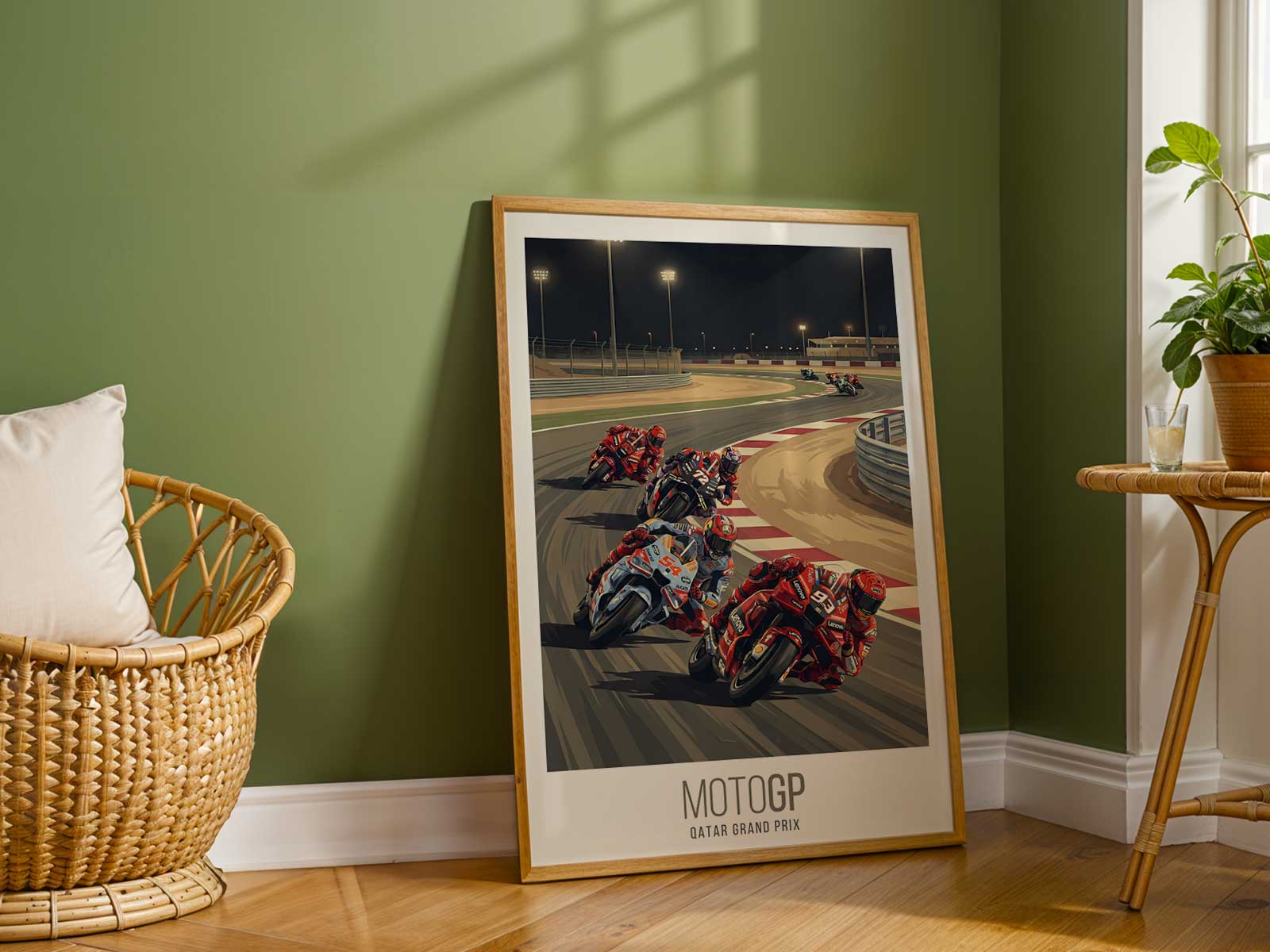 Studio shot of a MotoGP Qatar poster illuminated by a spotlight, capturing dramatic shadows and night-race mood