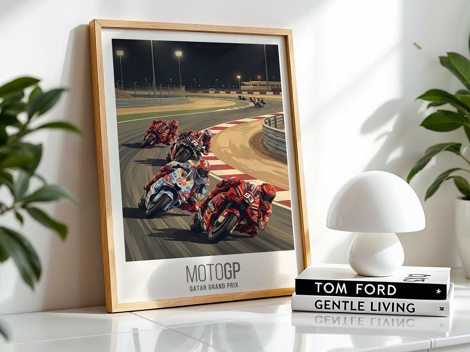 Close detail of paper texture and print finish on a MotoGP Qatar poster showing rich colors and crisp typography