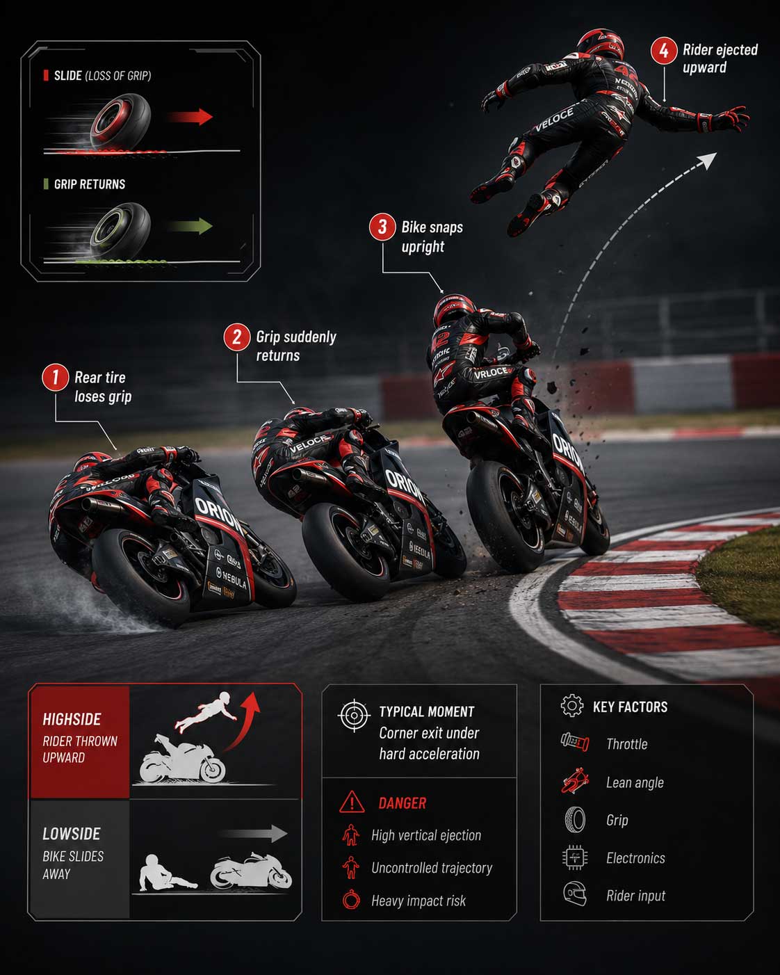 Rear wheel sliding out before snapping back under load, illustrating the slip-to-traction transition that causes highsides
