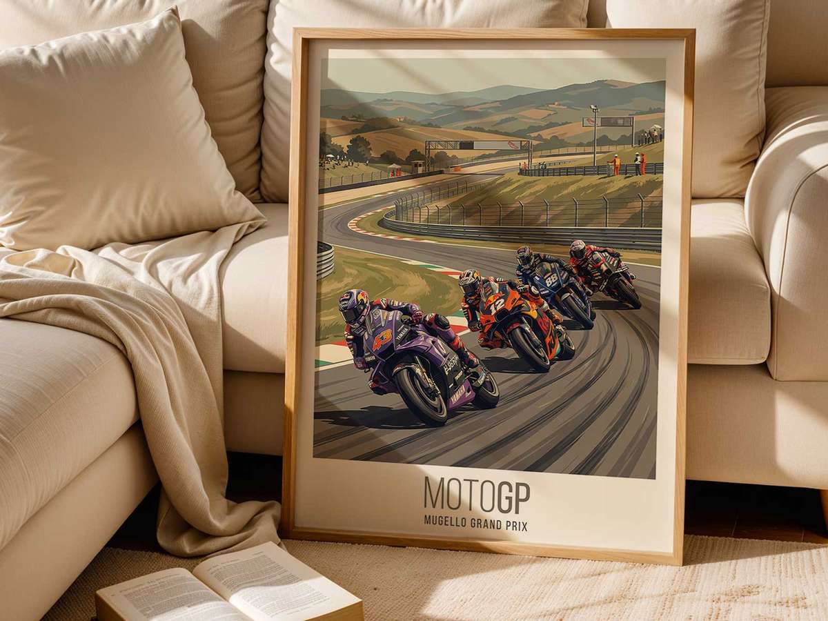 Minimalist composition of a sport bike negotiating a timeless track curve using retro color blocks