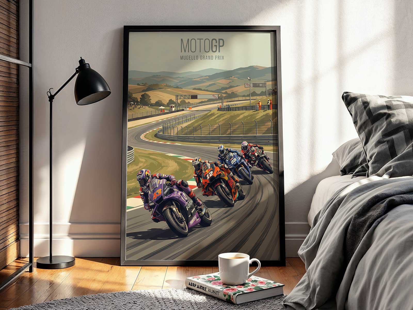Full poster composition of Maverick Viñales with dramatic lighting, motion blur and commanding posture
