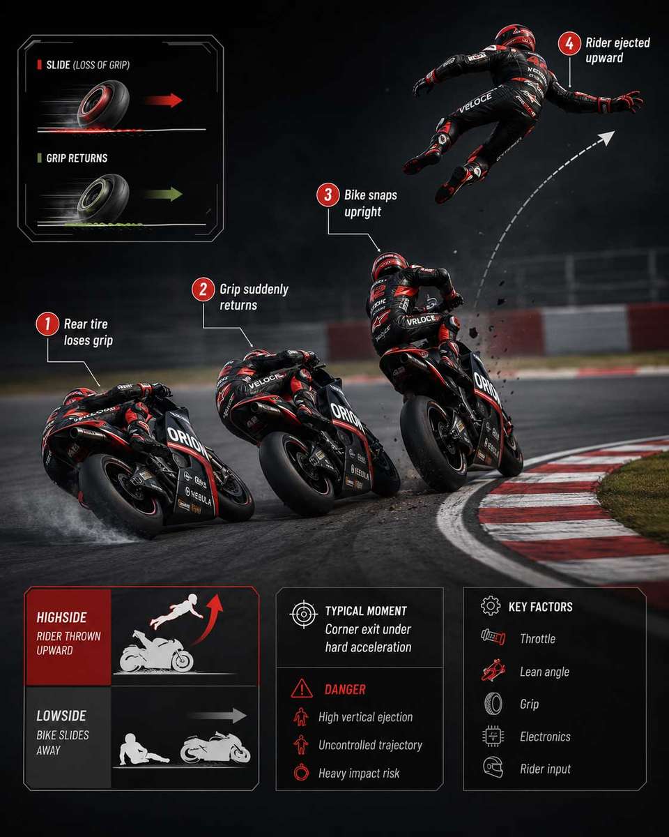 Rear wheel sliding out before snapping back under load, illustrating the slip-to-traction transition that causes highsides